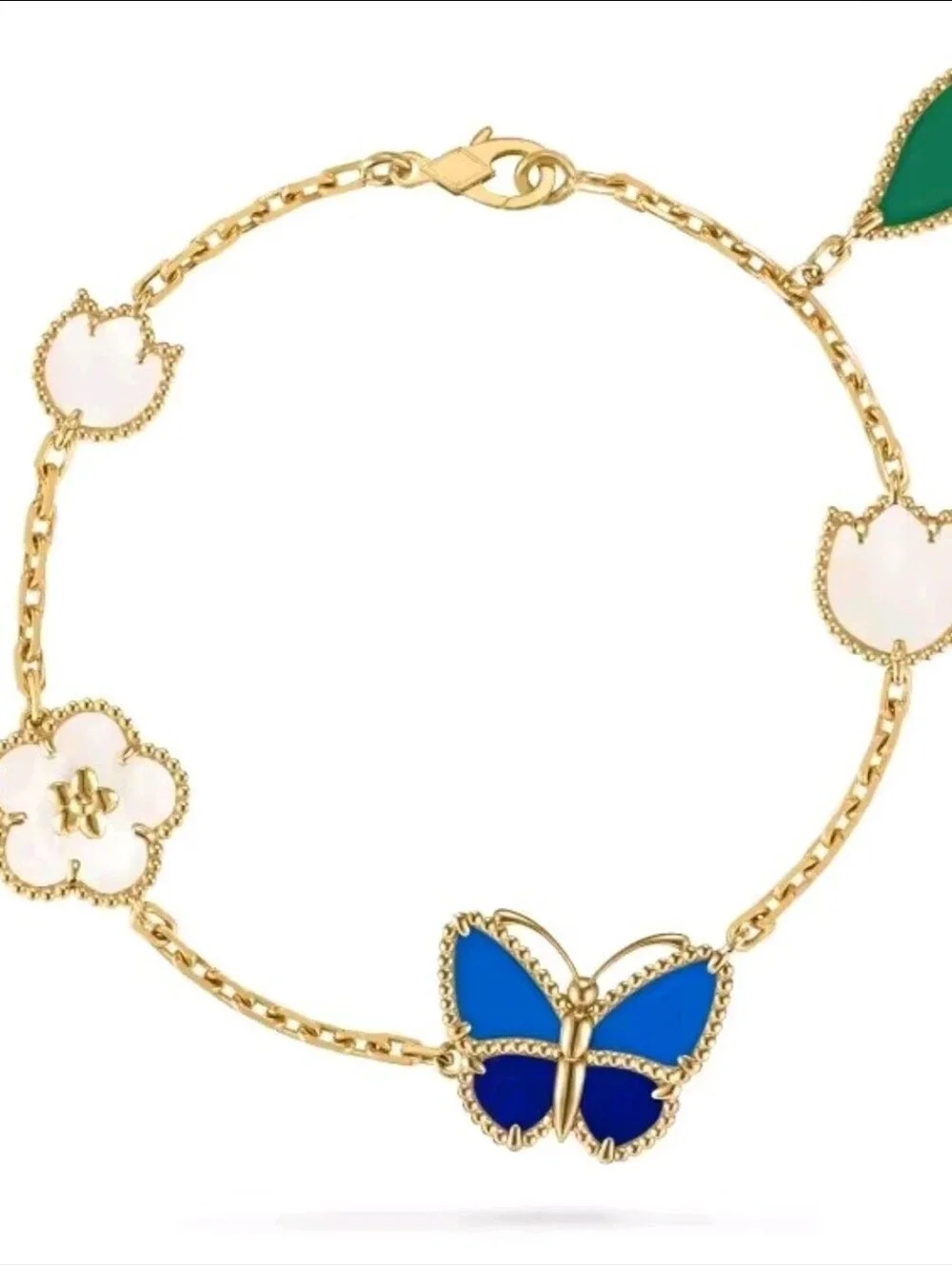 Gold Charm Bracelet with Blue Butterfly and Mother-of-Pearl Accents